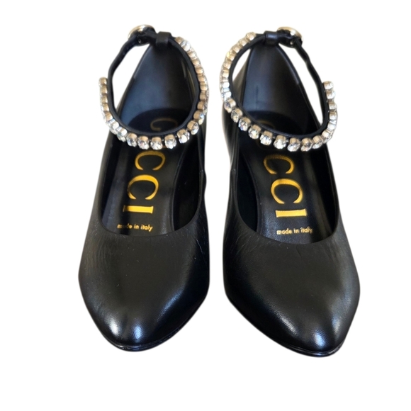 GUCCI Crystal Ankle Strap Leather Pumps Heels Black 37 Style # 590988